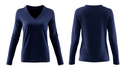 Front and back views of a long-sleeve V-neck blouse in navy blue, wrinkle-free, isolated for fashion templates