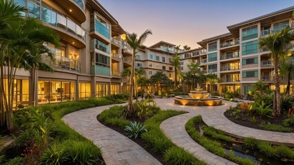 Naklejka premium Luxury Apartment Courtyard With Decorative Fountain and Lush Landscaping at Sunset in a Tropical Location