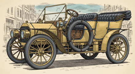 Fototapeta premium Detailed illustration of a vintage car with architectural backdrop, showcasing design