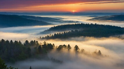 Obraz premium Dramatic Sunrise Over Mist-Covered Hills in a Serene Forest Landscape at Dawn