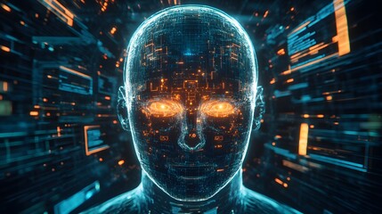 Digital Sentinel: A futuristic representation of an AI-powered entity with glowing eyes, embodies innovation and technological advancement