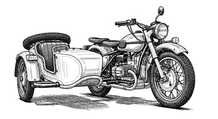 Detailed line art illustration of a classic motorcycle with sidecar on white background © Alisya Design