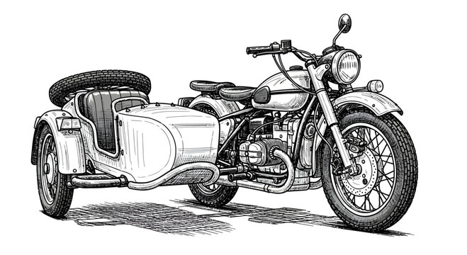 Detailed line art illustration of a classic motorcycle with sidecar on white background