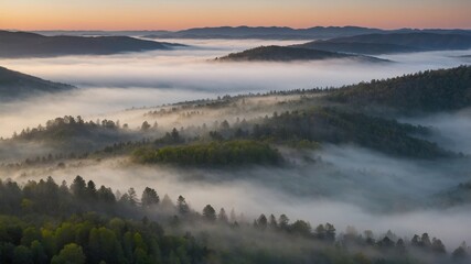 Fototapeta premium Morning Mist Rolls Over Hills in a Serene Landscape at Dawn Showcasing Nature's Beauty and Tranquility