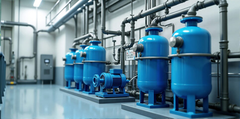 Water purification system in high-tech environment, featuring blue tanks and pumps that represent technology