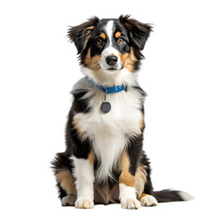 Adorable australian shepherd puppy sitting attentively wearing a blue collar isolated on transparent background