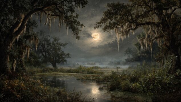 A full moon rises over the dark, misty swamps of Florida, with Spanish moss hanging from the oak trees. The scene is filled with mystery and magic, creating an atmosphere