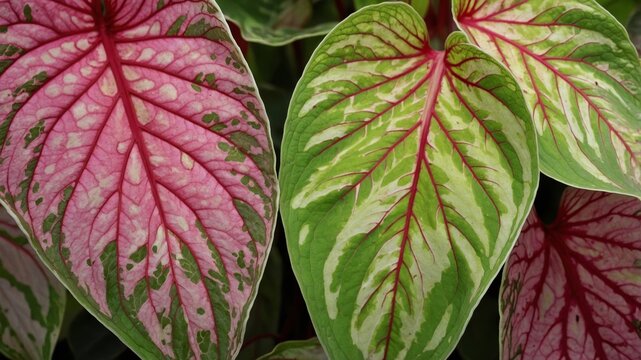 Colorful Caladium Leaves With Vibrant Pink and Green Patterns in a Lush Garden Setting During Bright Daylight Hours
