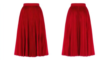 Front and back views of a red pleated midi skirt, flat lay presentation, seamless white background, professional product photography