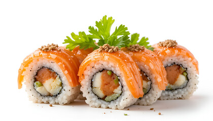 Delicious salmon sushi rolls artfully arranged with fresh green garnish presented on a bright white background for culinary enthusiasts.
