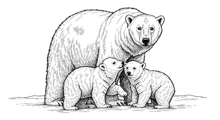 Engraved polar bear family, illustration of mother bear with two cubs on ice