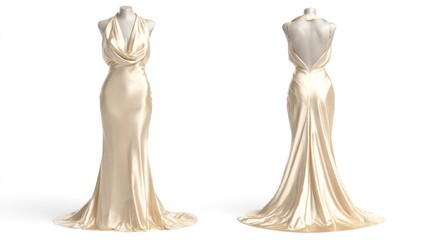 Front and back views of a sleeveless satin evening gown on an invisible mannequin, isolated on a white background, showcasing fabric sheen and elegant drape, photorealistic style