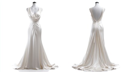 Front and back views of a sleeveless satin evening gown on an invisible mannequin, isolated on a white background, showcasing fabric sheen and elegant drape, photorealistic style