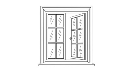 Minimalist Window Line Art with One Panel Open for Architectural Designs