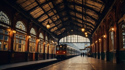 Historic Train Station With Vintage Locomotive at Dawn, Showcasing Detailed Architecture and Welcoming Atmosphere