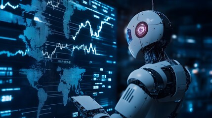 AI Analyst: A sleek AI robot meticulously analyzes financial data on a holographic display, its advanced systems and sophisticated design reflecting the cutting edge of technological progress.