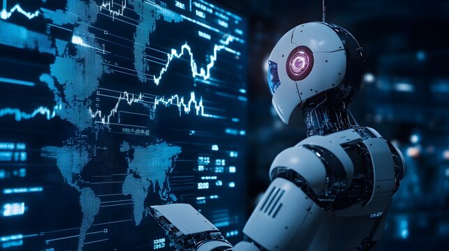 AI Analyst: A sleek AI robot meticulously analyzes financial data on a holographic display, its advanced systems and sophisticated design reflecting the cutting edge of technological progress. - Powered by Adobe