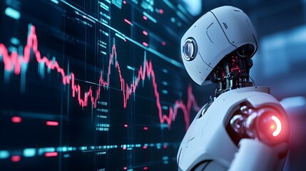 AI Stock Market Analyst: A futuristic robot stands before a large screen displaying a dynamic stock market graph, symbolizing the increasing role of AI in financial analysis. 