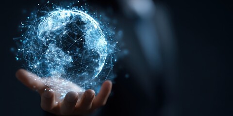 Illuminated globe, constructed from points and lines, held in open hand on a dark background