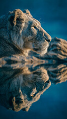 Majestic Lion Profile with Reflection in Water