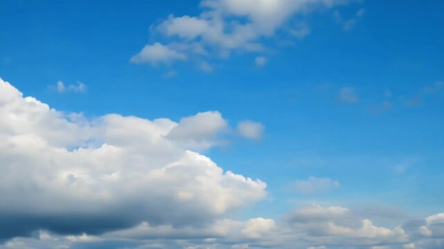 Blue sky with fluffy white clouds moving slowly across frame creating peaceful natural background with copy space perfect for commercial use and text overlay applications