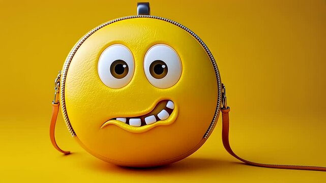 A vibrant, smiling yellow emoji-shaped bag with a playful expression against a bright yellow background