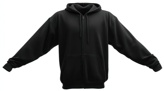 Front view of a plain black zip-up hoodie, isolated on a white background, sleeves extended naturally, ideal for mockup use