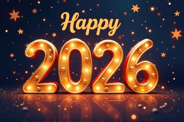 A bright and colorful sign featuring a happy new year message, set against a starry night sky..New Year 2026.