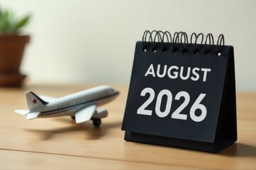 Fototapeta premium Model airplane on a desk calendar..New Year 2026.