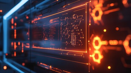 Obraz premium Illuminating Code: An abstract representation of a digital interface, with glowing circuits and data visualizations.
