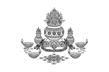 Decorated pots and lamps for hindu celebration art silhouette
