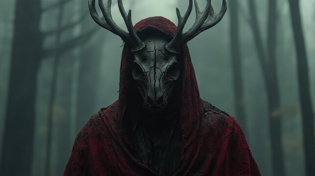 Figure in a red hood with a deer skull mask in a misty forest.