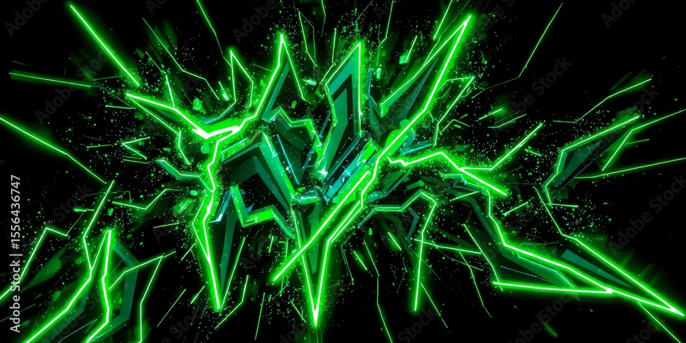 Poster abstract green design with glowing lines and shards on a black background creates a dynamic effect