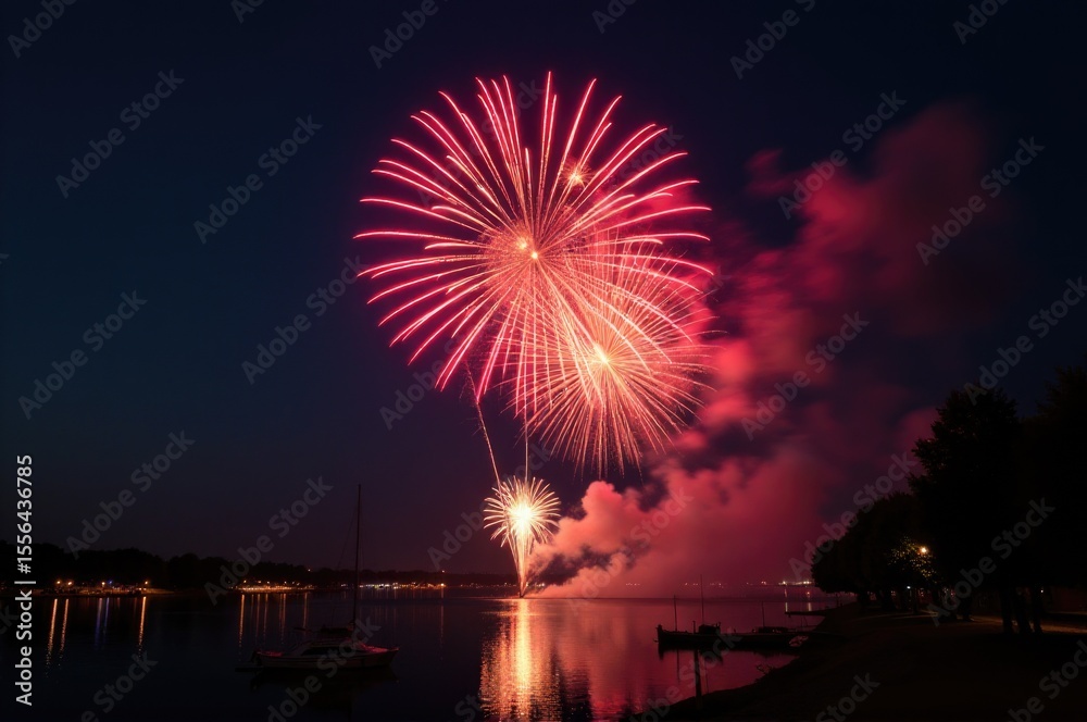 Wall mural large fireworks exploding over calm lake surface..new year 2026.