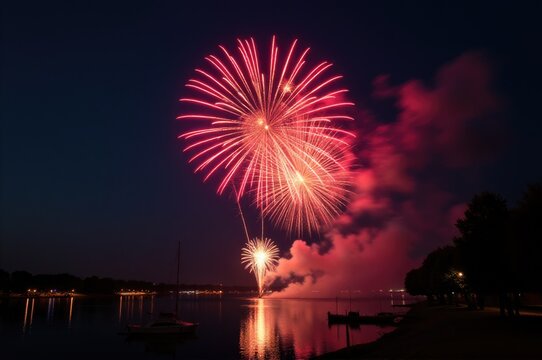 Large fireworks exploding over calm lake surface..New Year 2026.