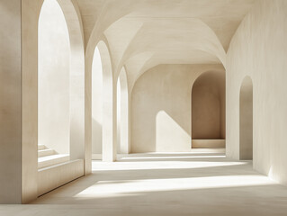 Fototapeta premium Beige Vaulted Corridor with Arches and Soft Sunlight
