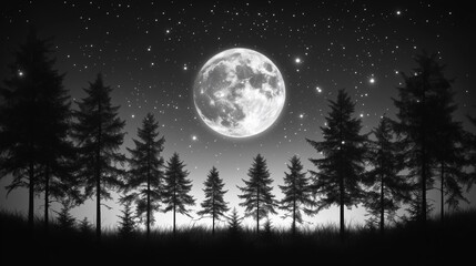 Fototapeta premium Full moon in a starry night sky above a silhouette of pine trees.
