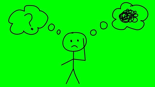 Stickman figure with two different thought bubbles, one with a question mark and the other with doubt tangled scribble, self-doubt, and confusion concept, green screen