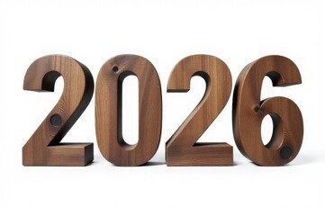 A set of wooden numbers on a clean white surface, ideal for use in graphic designs and educational materials..New Year 2026.