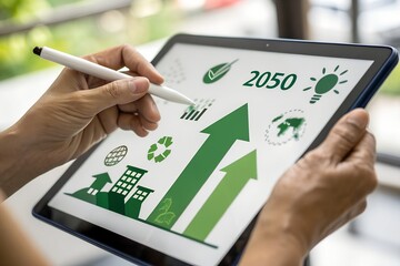 Carbon emission reduction target, Green economy and sustainability Net Zero future. Sustainable development, Energy goals 2026. CO2 emission graph, Goals sustainable planet by 2050.World Environment.