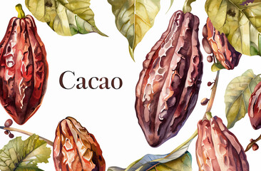 Vector illustration of cacao fruit and leaves on white background and lettering cacao
