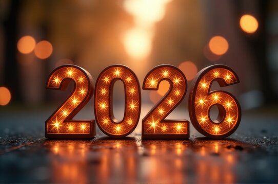 A close-up shot of a numerical display with lights illuminating the digits..New Year 2026.