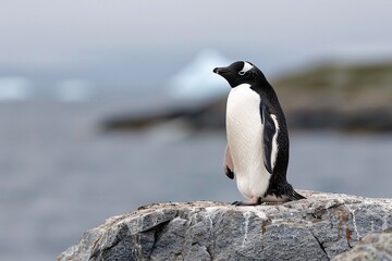 Naklejka premium A solitary penguin stands on a rocky shore, showcasing its vibrant black and white plumage against the ocean.