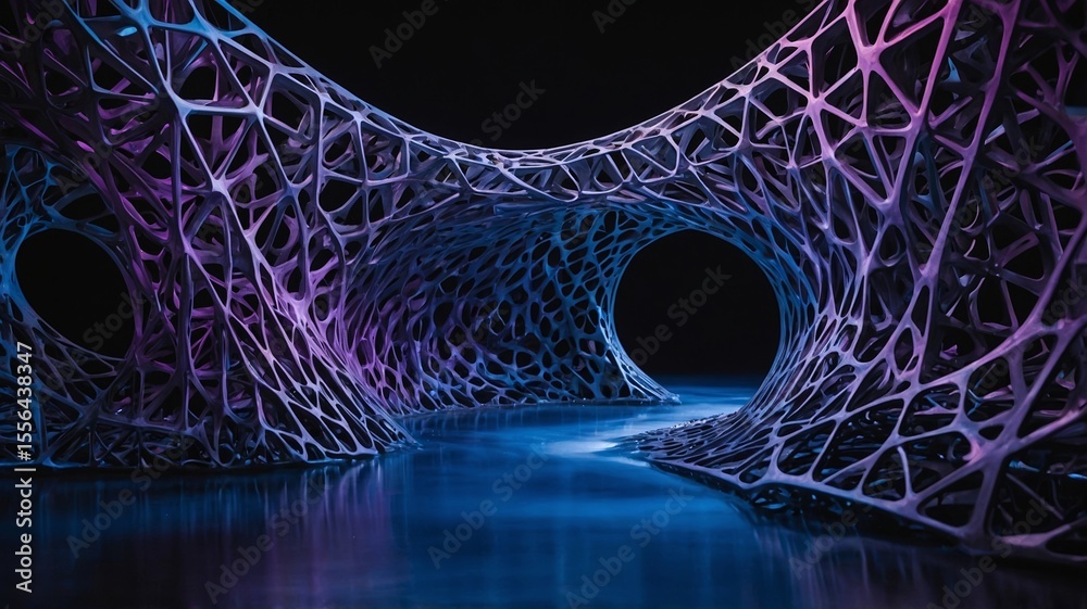 Poster intricate geometric structure illuminated by colorful lights in a dark setting creates a mesmerizing