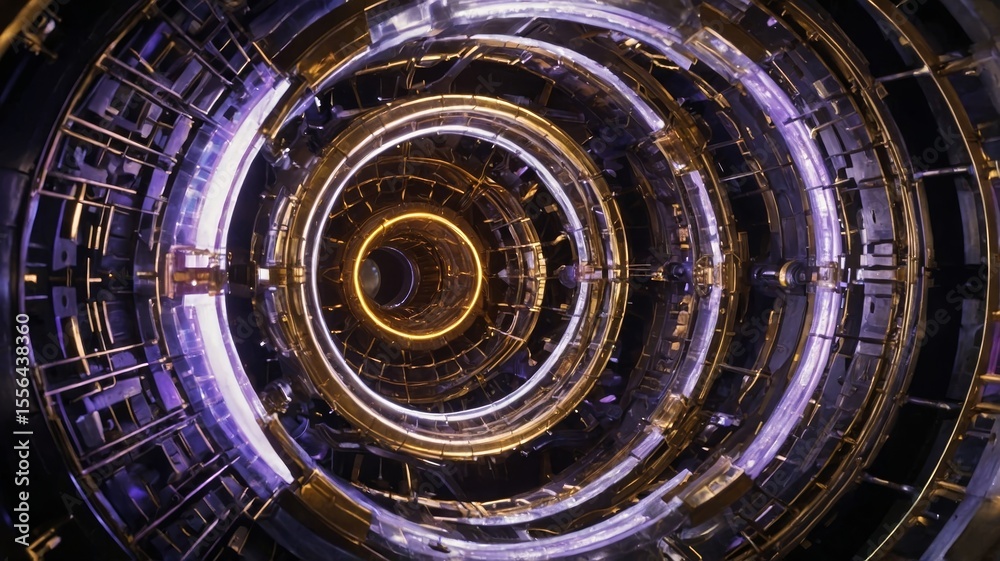 Poster futuristic tunnel design featuring circular patterns with glowing lights and metallic structures in 