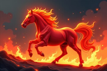 A horse gallops through a burning field, creating a scene of drama and action..New Year 2026.