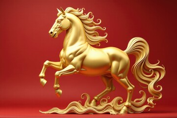 A golden statue of a horse against a bright red backdrop..New Year 2026.