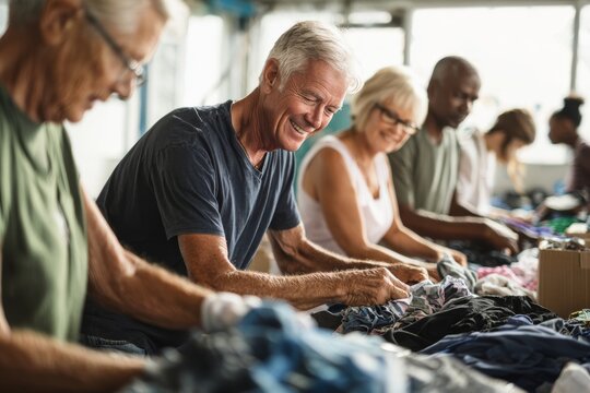 A diverse group of volunteers sorts clothes in a bright room. They include a senior Caucasian man, a middle-aged African man, a senior Asian woman, and a middle-aged Caucasian woman.