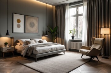 Fototapeta premium Cozy bedroom with a big bed and a comfortable chair, ideal for relaxation..New Year 2026.