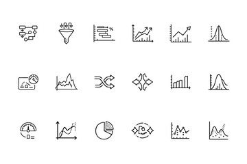 Line art data analytics icons showing charts graphs diagrams flowcharts for business finance